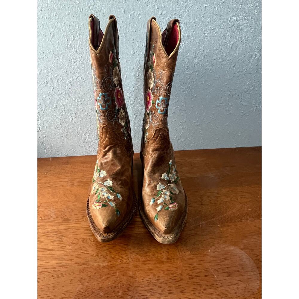 Macie Bean Western Boots Girls Size 4 Brown Leather Floral Embroidery Rodeo